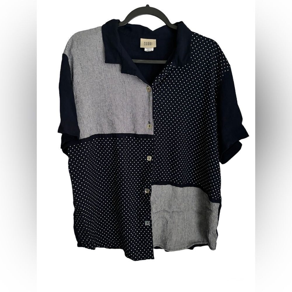 Teddi Women's Button Up Mixed Media Navy Blue Blouse SZ 1x Shoulder Pads #02942